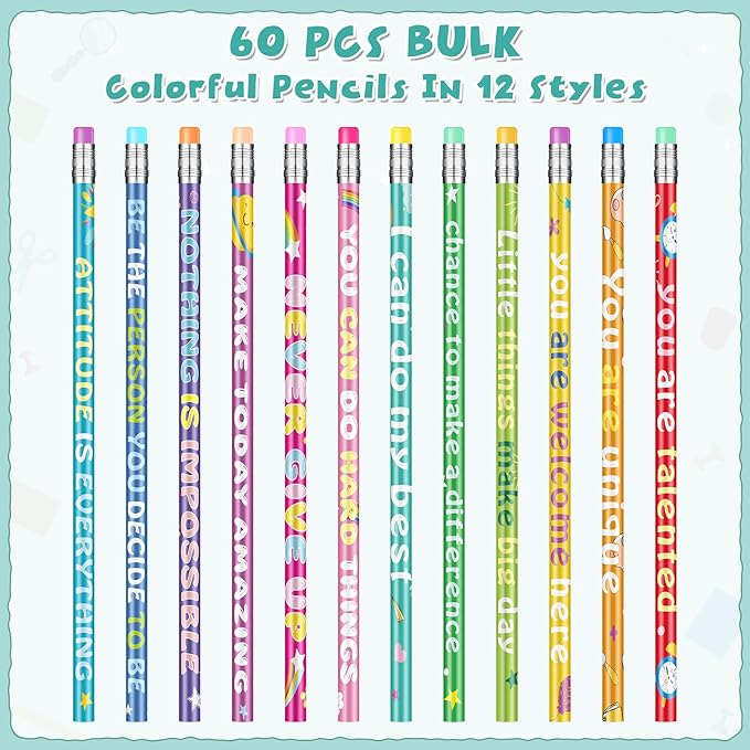 60 Pcs Motivational Pencils Bulk, Rainbow Inspirational School Pencils - Image 2