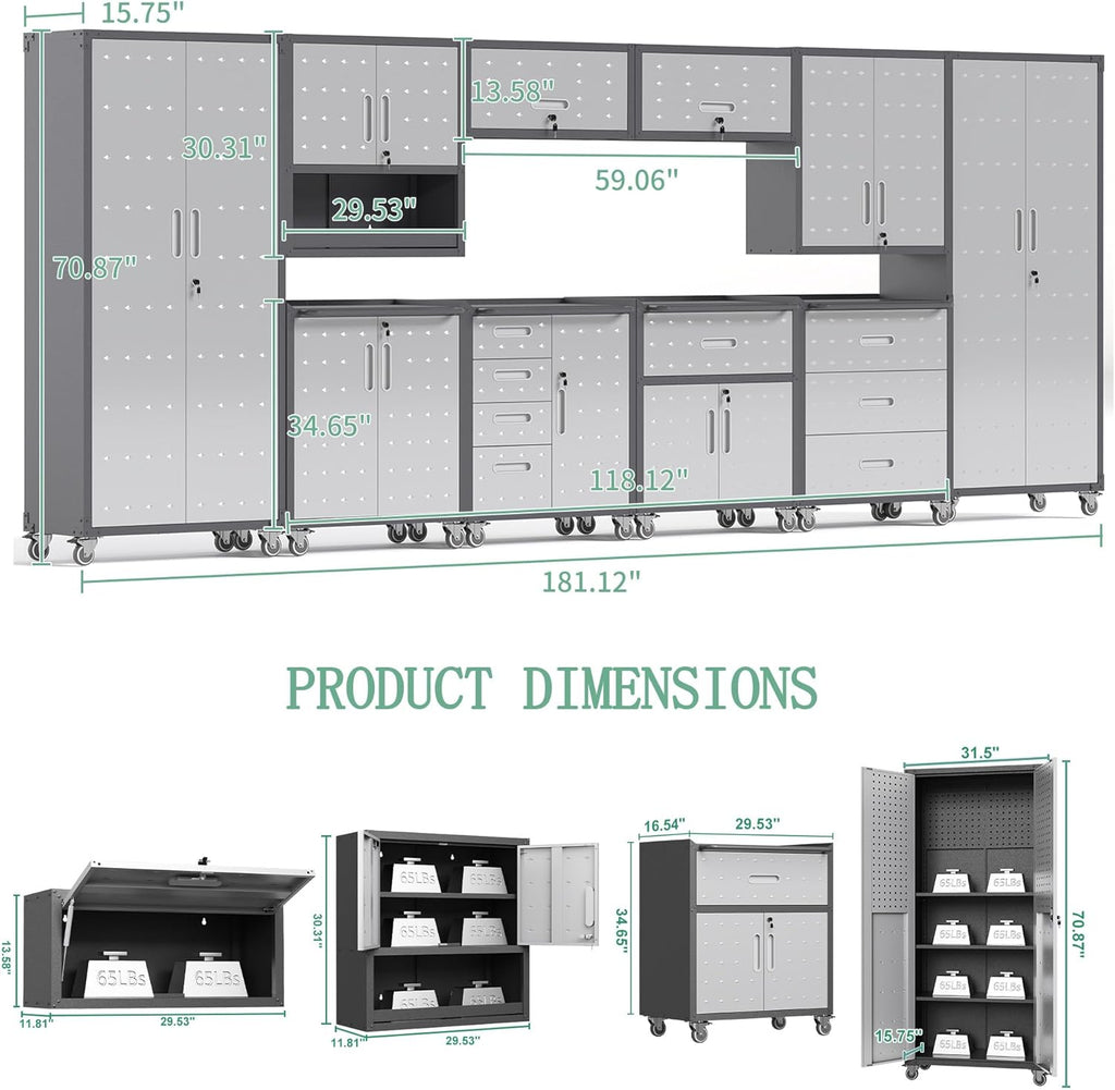 10-piece heavy duty steel garage cabinet system | shown in use