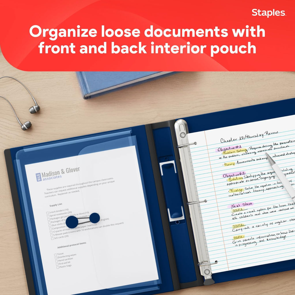 Staples Better View 1.5-Inch D-Ring Binder, Blue, Clear Overlay | Durable 3-ring binder for school and office document organization.