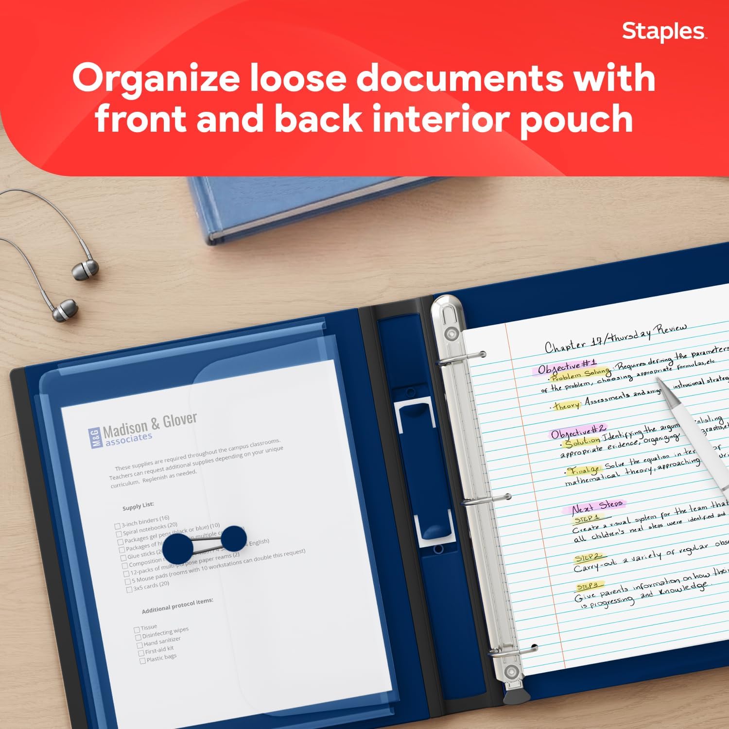 Staples Better View 1.5-Inch D-Ring Binder, Blue, Clear Overlay | Durable 3-ring binder for school and office document organization.