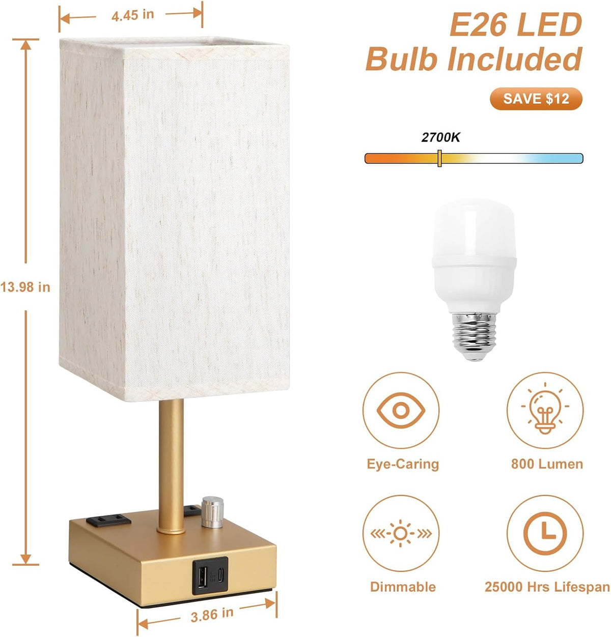 Gold Bedside Table Lamps Set of 2 - Dimmable, USB C+A, 2 AC Outlets