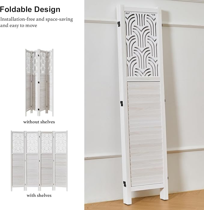 Svimi Folding Room Divider, 66.9 Inch 4 Panels Wood Carved Privacy Screens - Image 3