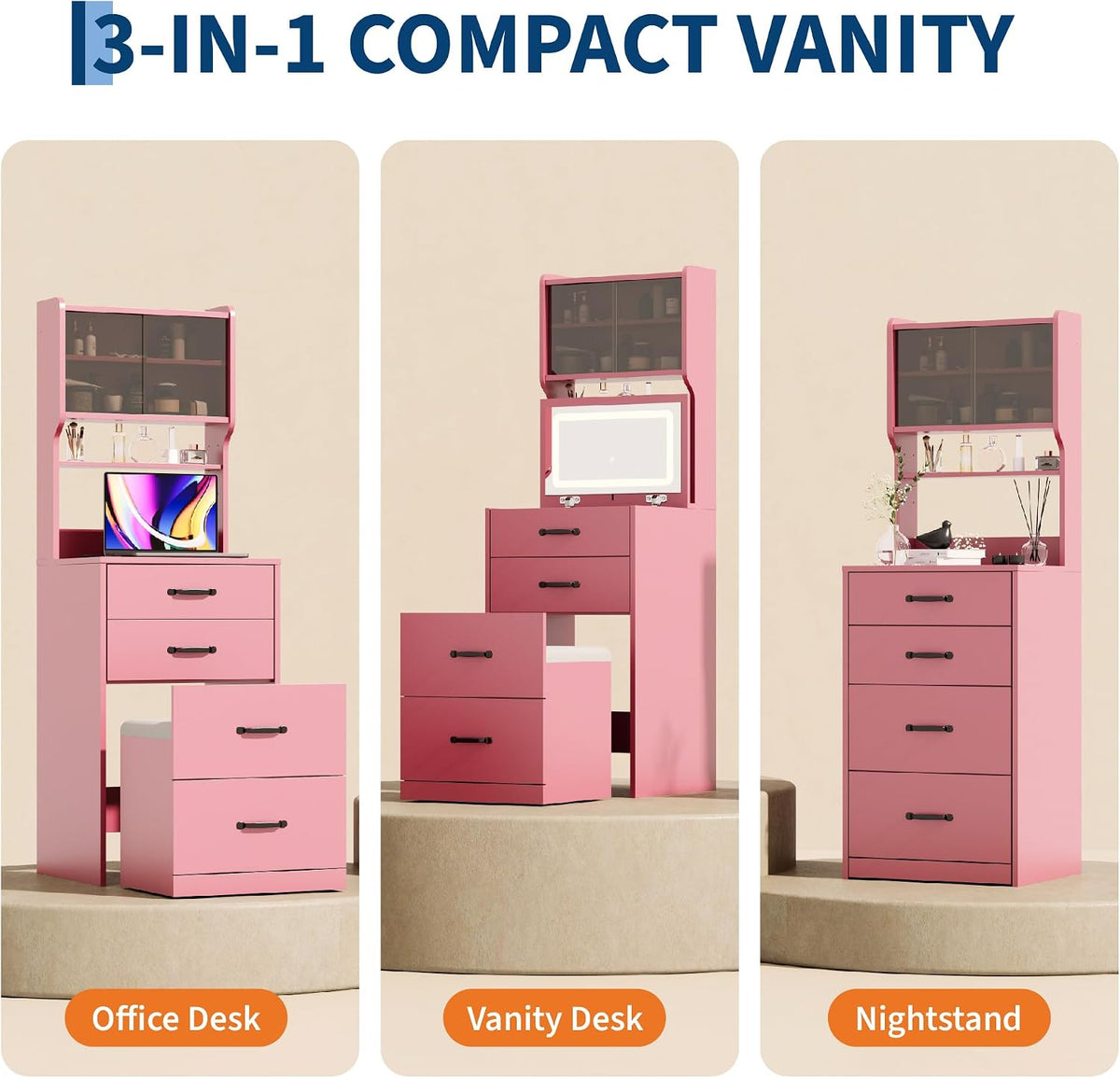 3-in-1 Vanity Desk with 3 Color LED, Compact Makeup Vanity Set with 2 AC Outl...