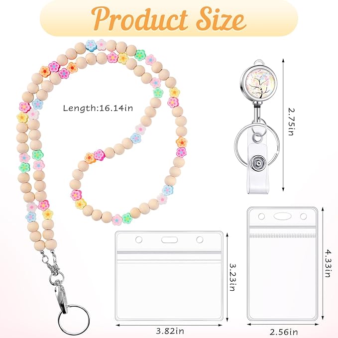 Teacher Lanyard with ID Holder Flower Cute Wooden Beaded Lanyards - Image 2