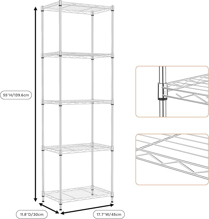M MZG 5 Tiers Shelf Metal Storage Shelves Wire Rack Closet Organizers - Image 3