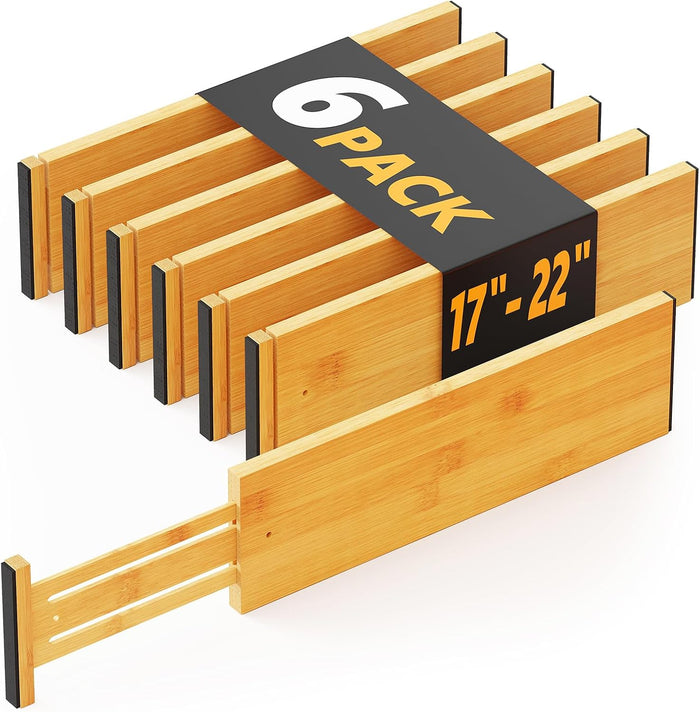 SpaceAid Bamboo Dresser Drawer Dividers 6 Pack, 4.65“ High Adjustable 17“-22” Drawer Organizers, Expandable Organization for Clothing, Clothes, Dressers, Natural