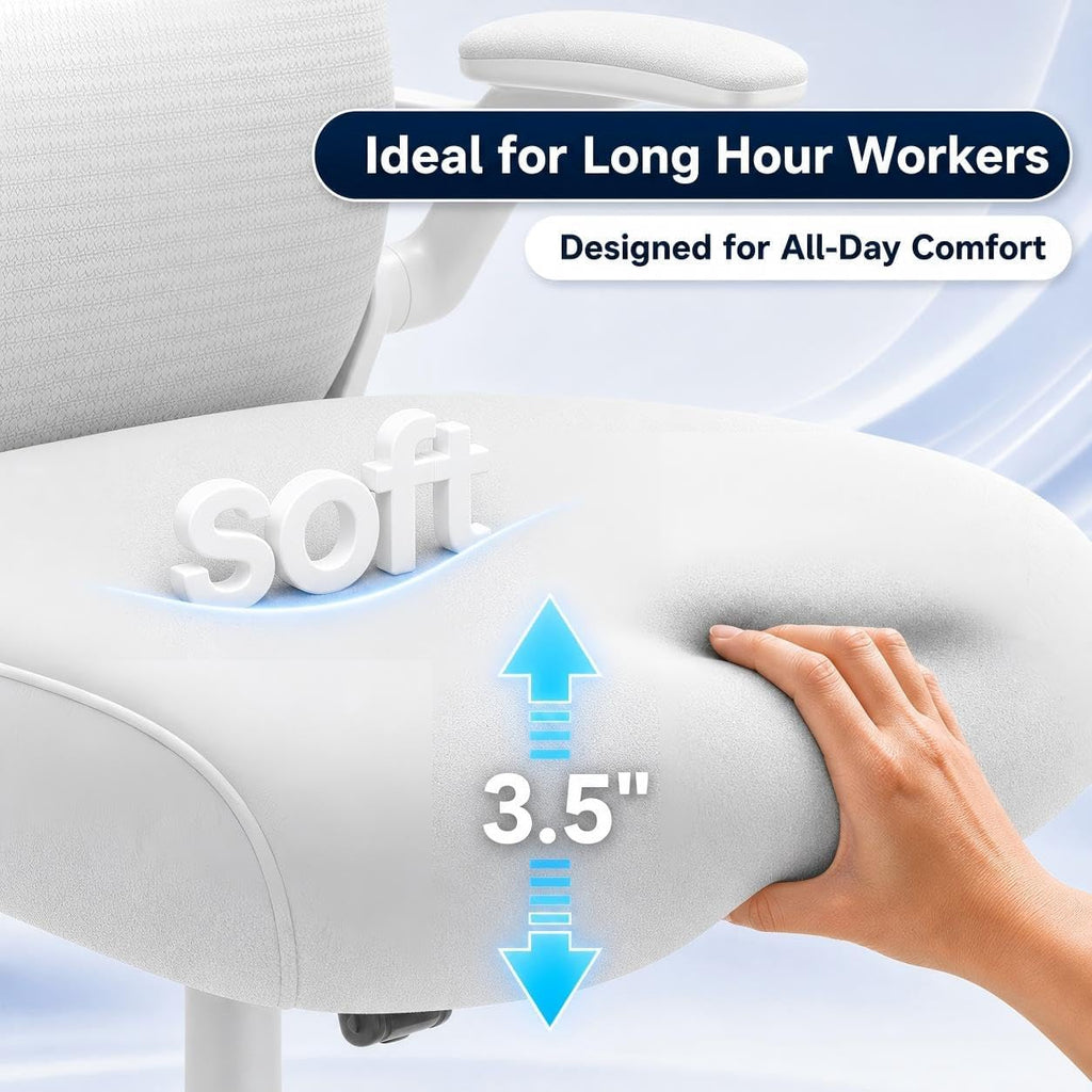 Ergonomic Office Chair for Back & Neck Pain Relief, Virgin Foam Seat, 2D Adjustable Lumbar & 3D Headrest, Tilt & Rock for Relaxation, Ideal for Long Sitting Comfort, White/Gold