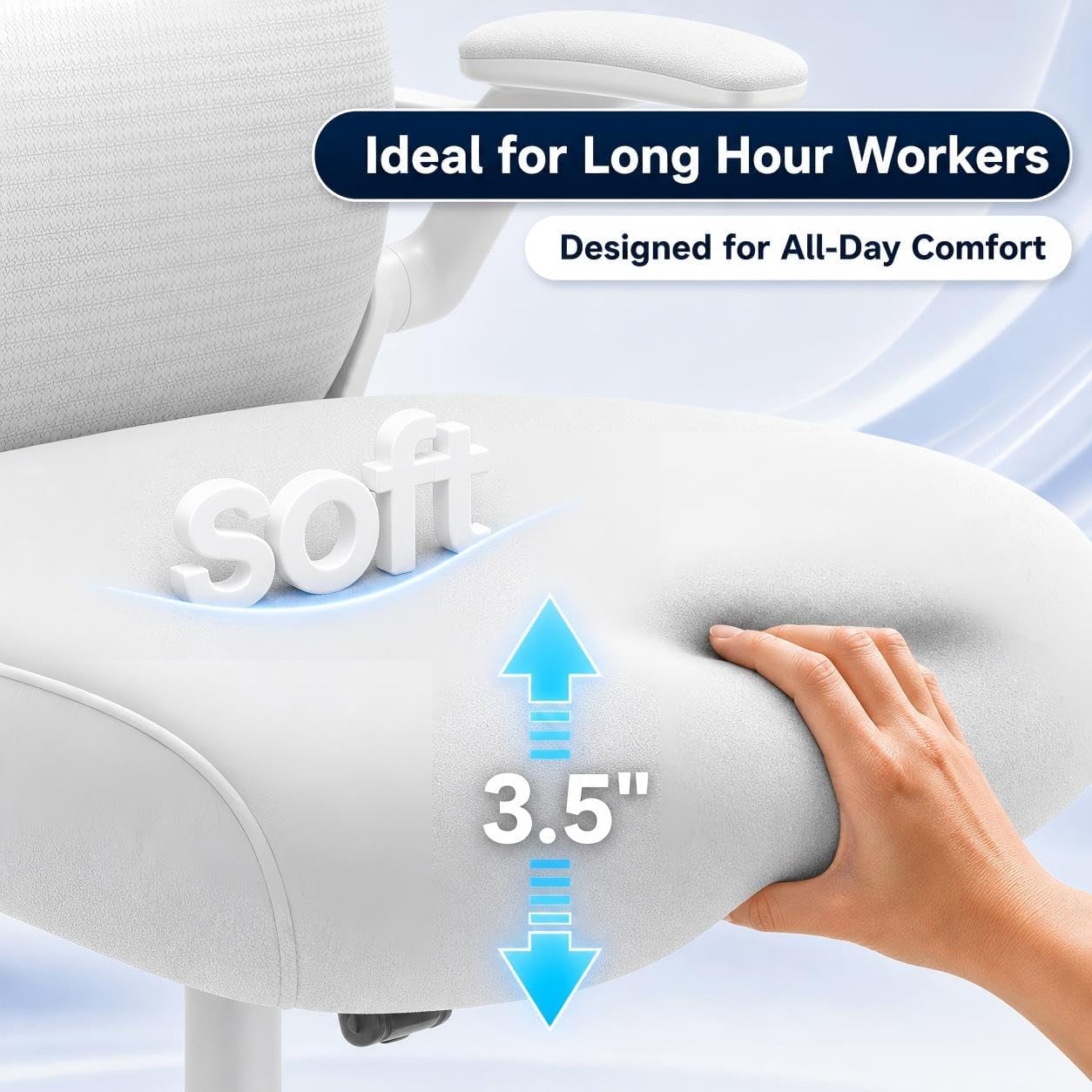 Ergonomic Office Chair for Back & Neck Pain Relief, Virgin Foam Seat, 2D Adjustable Lumbar & 3D Headrest, Tilt & Rock for Relaxation, Ideal for Long Sitting Comfort, White/Gold
