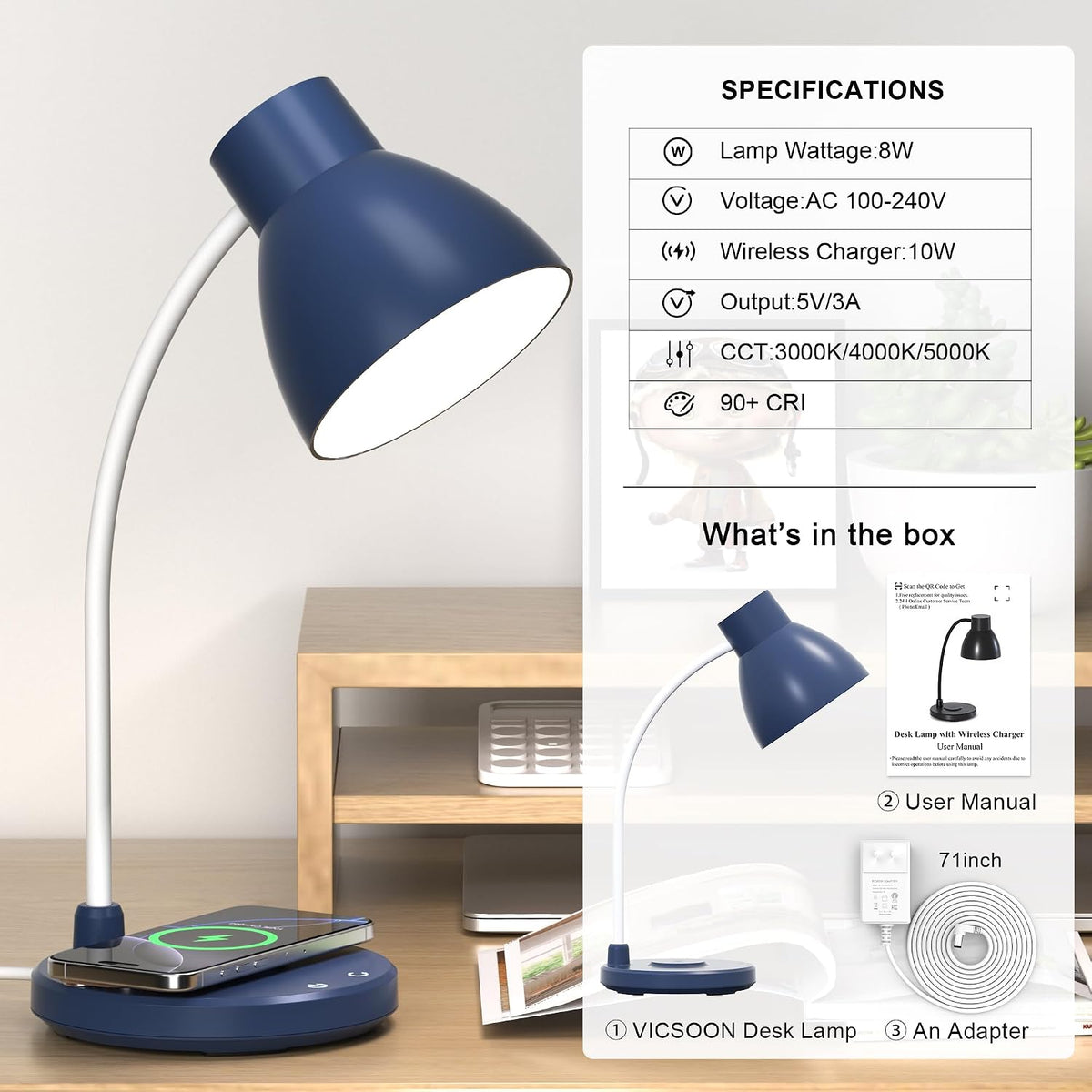 LED Desk Lamp for Home Office with Wireless Charger, Navy Blue