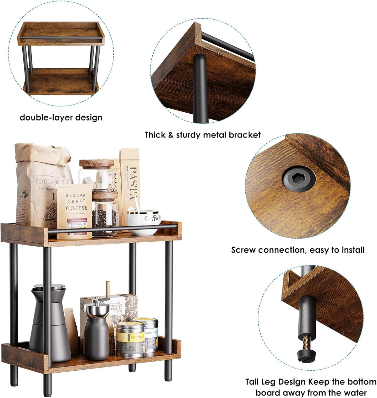 Coffee Bar Organizer and Kitchen Countertop Shelf - 2 Tier Spice Rack, Mug Ho...