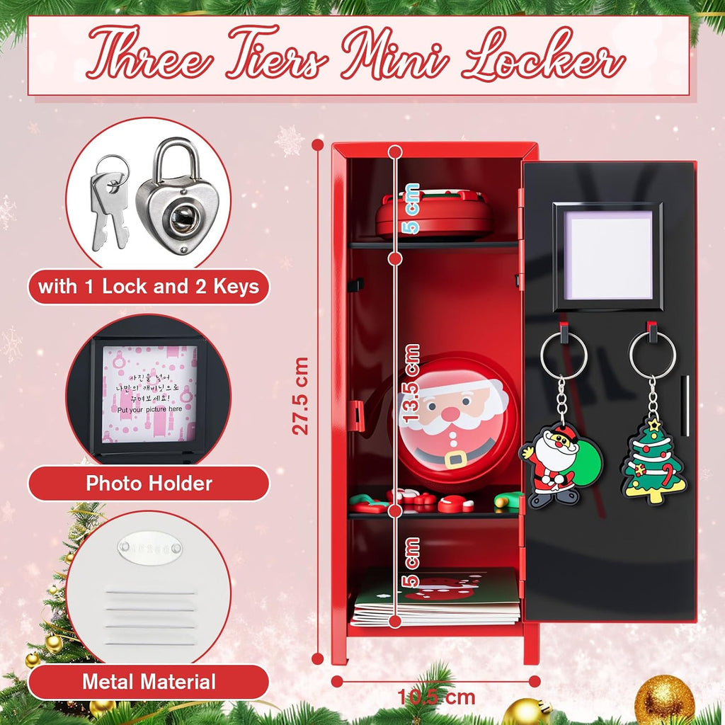 Vercraft 12 Pcs Mini Locker 10.8 Inch with Lock and Keys,Red,Santa | Desktop Organizer for Girls Bedroom, Secure Storage for Trinkets, Includes Animal Keychains Mirror Comb, Littles Collectible