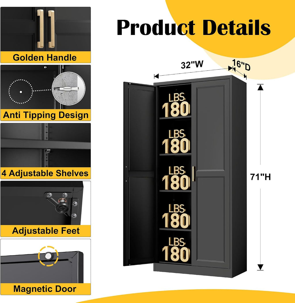 steeloong 71"metal pantry storage cabinet with doors &, close-up detail