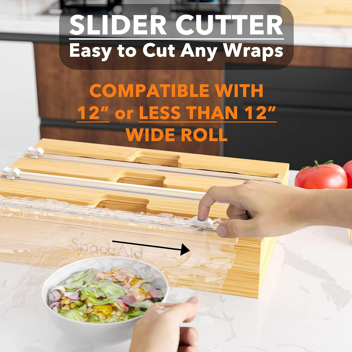 SpaceAid WrapNeat 3 in 1 Wrap Organizer with Cutter and Labels, Plastic Wrap,...