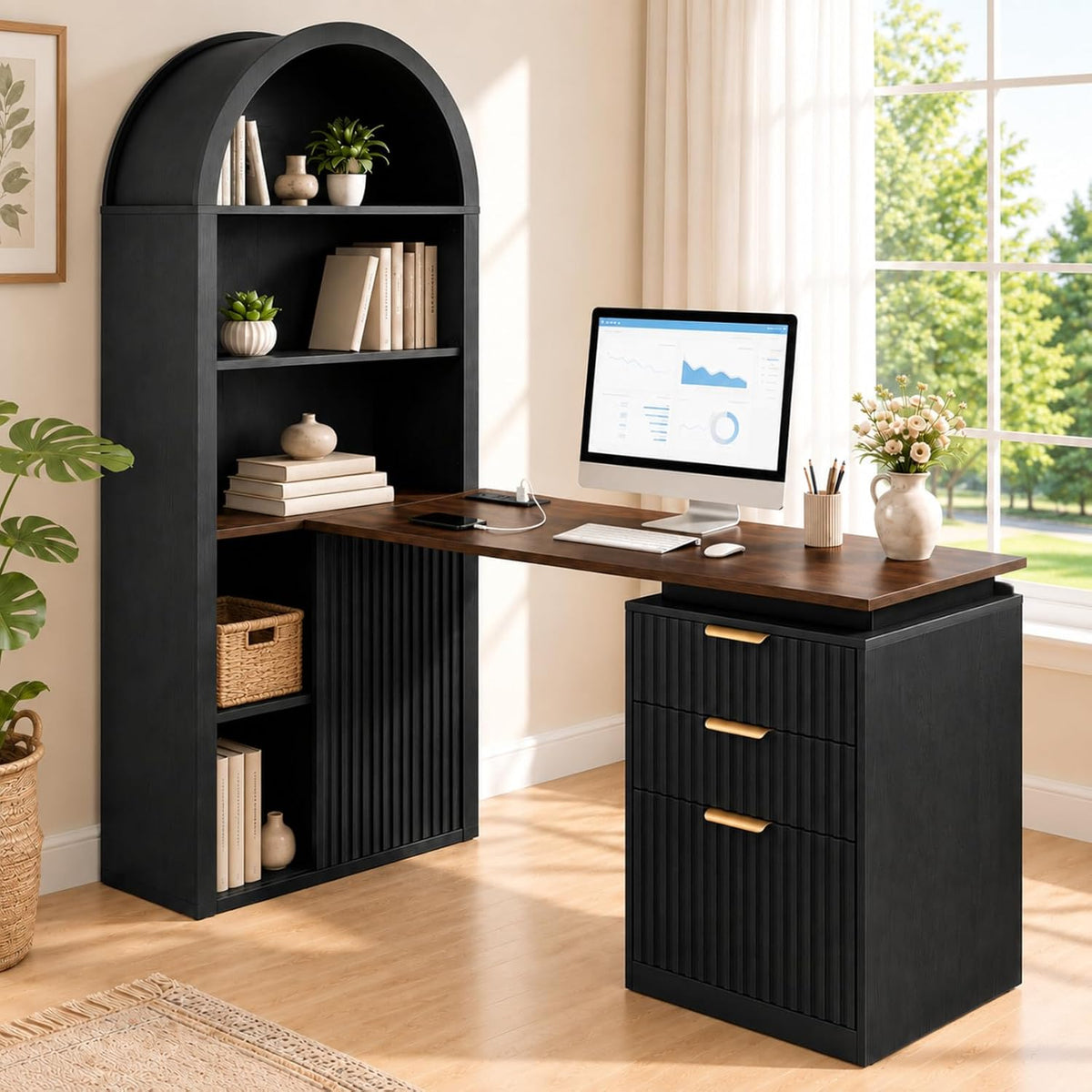 NORTHSKY 61" L Shaped Desk with Arched Bookshelf Hutch, Black Corner Com...