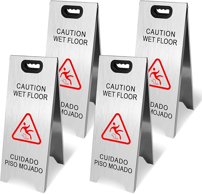 Kerty 4 Pack Stainless Steel Wet Floor Sign, 24 Inch Caution Wet Floor Sign by KERTY