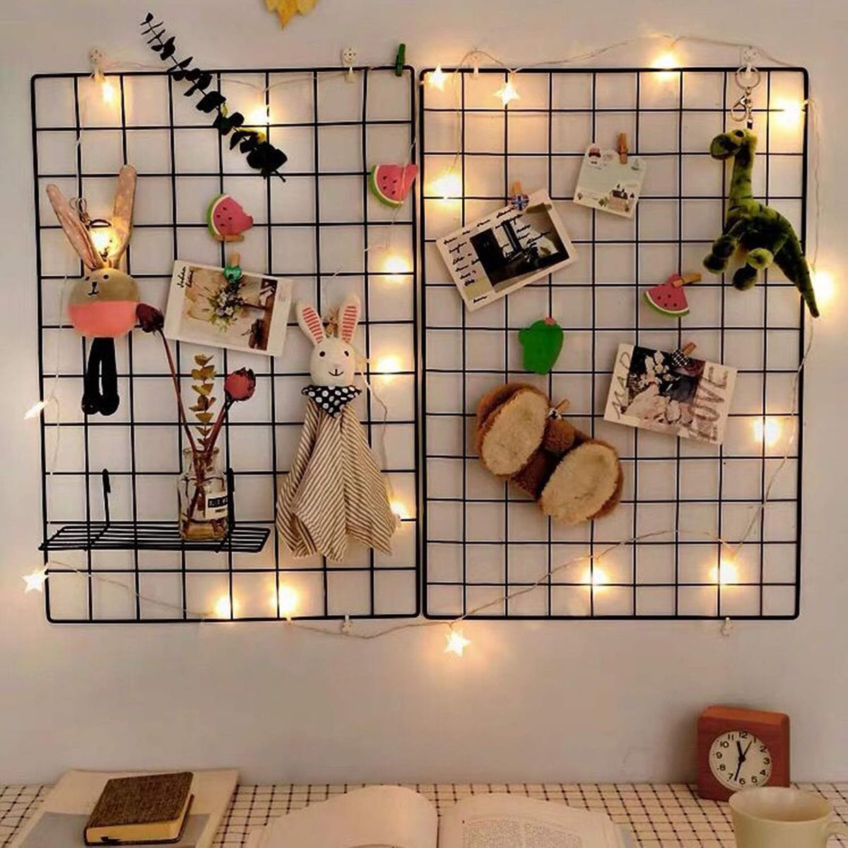 2 Pack Large Wall Grid Panels with Light and Clips, Photo Display Board, Pict...