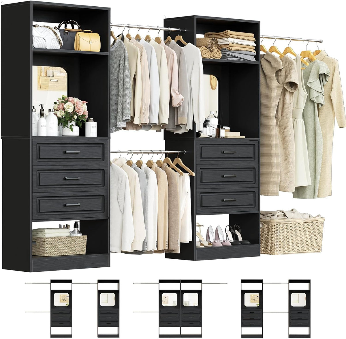 Unikito 6-14FT Wood Closet System with 6 Drawers and Mirror, Black
