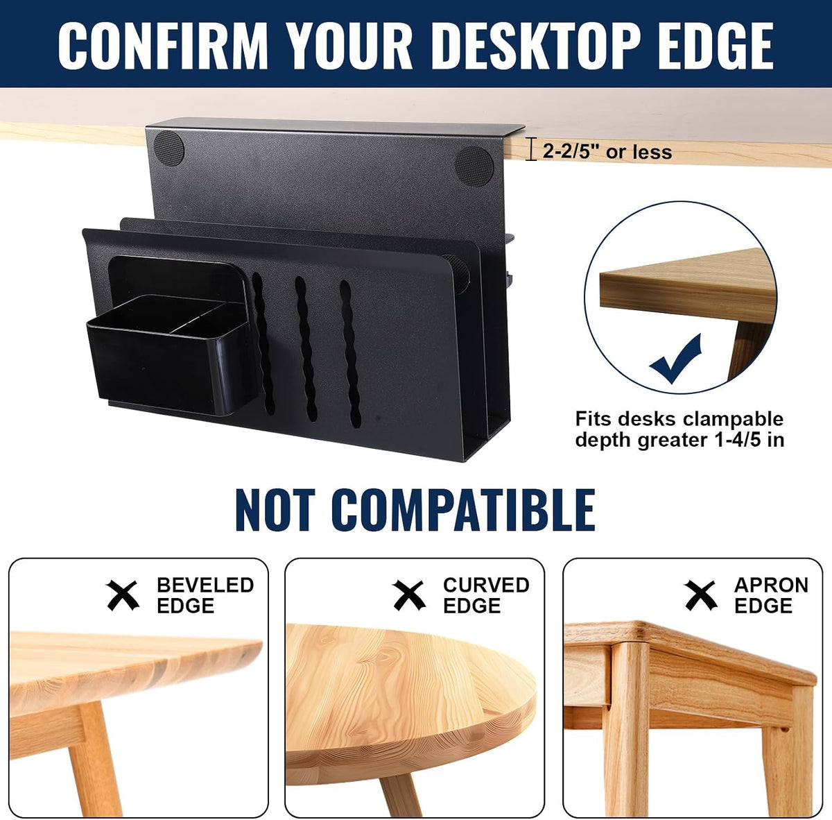 2 Tie Desk Side Storage Organizer, Under Desk laptop holder