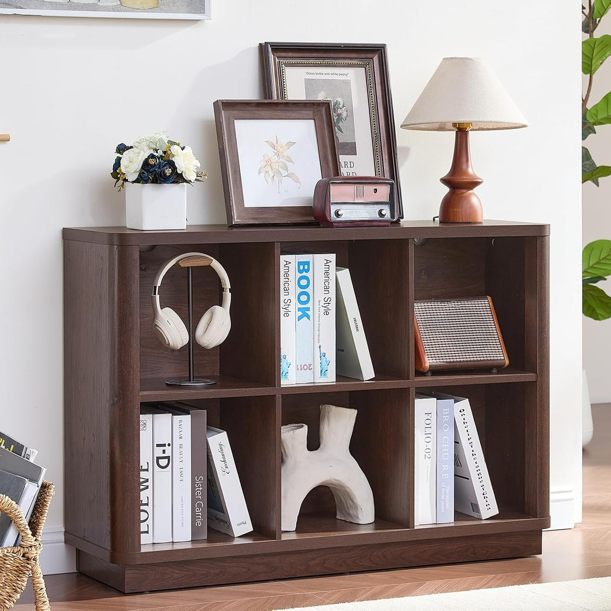 Joaxswe 6 Cube Bookcase, 40" Wide Low Horizontal Book Shelf w/Curved Edg...