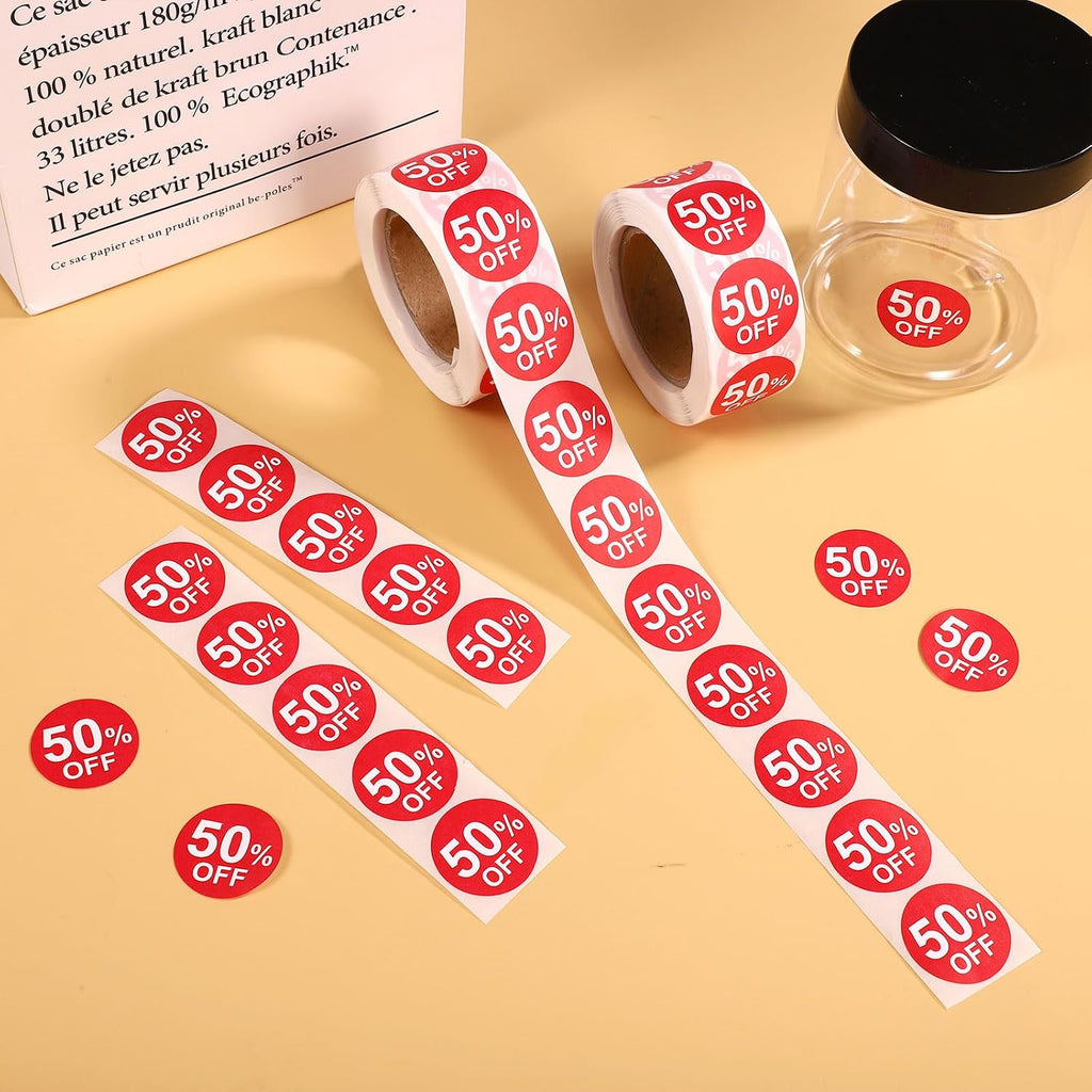 1000pcs 50 Percent Off Stickers, 1 Inch Round Self Adhesive 50 Percent Off Discount Stickers Practical Promotion Price Labels Store Promotion Signs for Supermarkets Shops (Red) | Self Adhesive 50 Percent Off Practical Promotion Price Labels Store