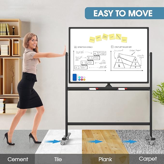 MaxGear Large Black Rolling Whiteboard on Wheels, Reversible Standing - Image 3