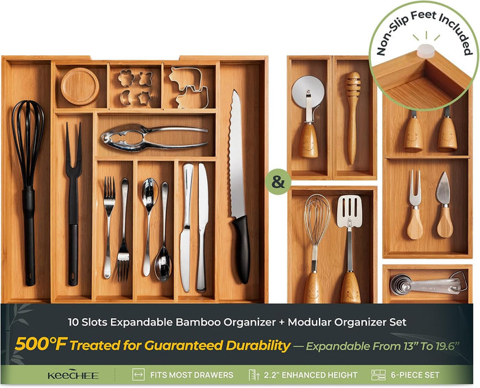 keechee 6-Piece Bamboo Drawer Organizer Set, 2.2" Deep Multi-Use Organizers for Utensils, Silverware, Cutlery, Desk, Bathroom, Junk Drawer & Makeup, Non-Slip Feet Included.