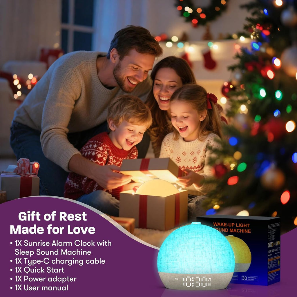 wake up light sunrise alarm clock, white noise on a desk or shelf
