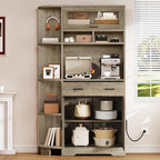 YITAHOME 67" Kitchen Hutch with Outlet, Shelves & Drawer, Antique Gray | Farmhouse Microwave Stand Buffet Coffee Bar for Living Room and Dining Room