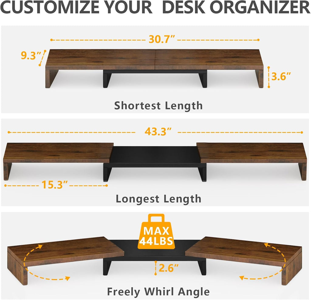 tavr dual monitor stand riser, wooden computer monitor, close-up detail