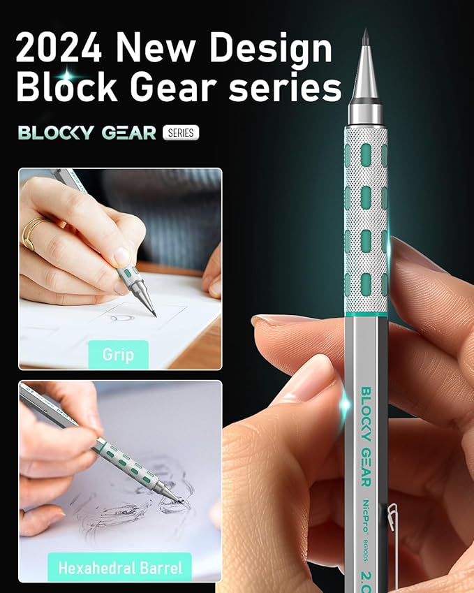 Nicpro Blocky Gear 2.0 mm Mechanical Pencils Set in Case, Metal Pencil - Image 8