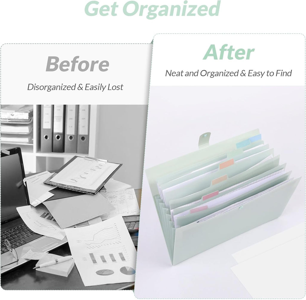 SKYDUE Expanding File Folder, Accordion File Organizer with 8 Pocket, Expandable Document Paper Receipt Holder for School Office Hospital, Letter/A4 Size Light Green