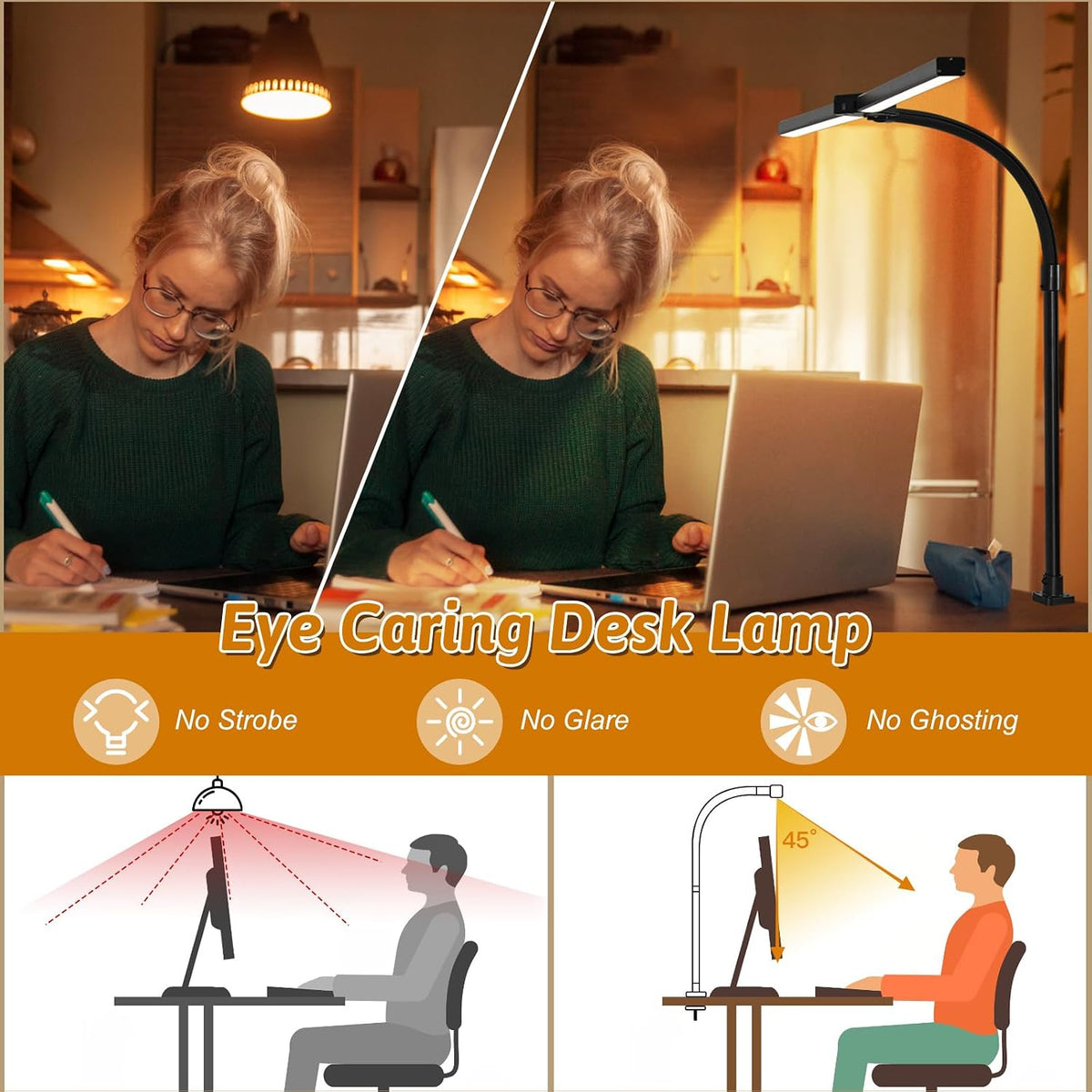 led desk lamp with clamp, dual head monitor showing dimensions