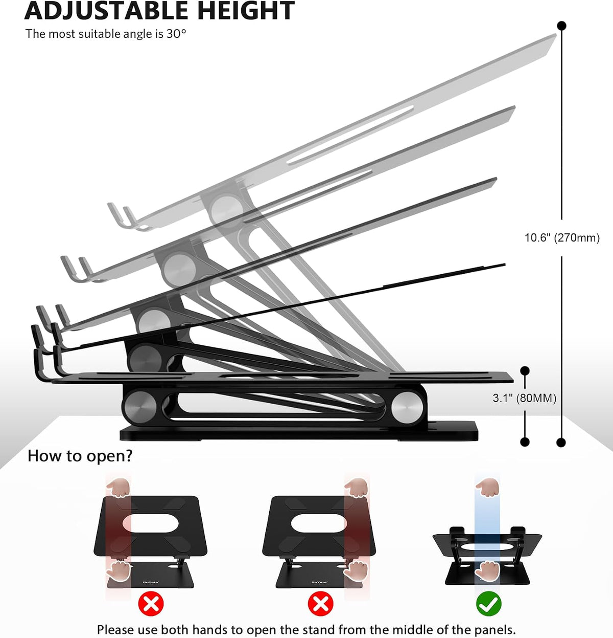 BoYata Laptop Stand, Adjustable Multi-Angle Riser, Up to 17 Inches, Black