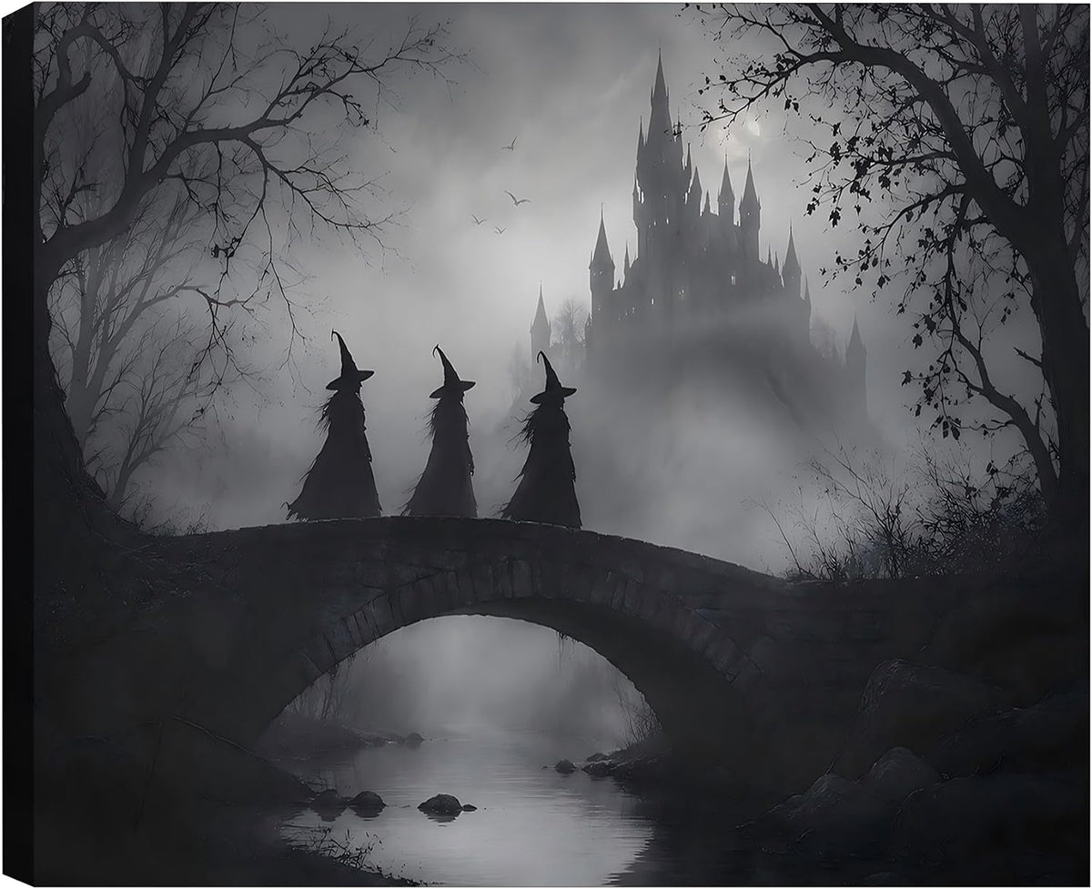 Framed Halloween Witch Canvas Wall Art, Black White Haunted Mansion Bridge Sc...