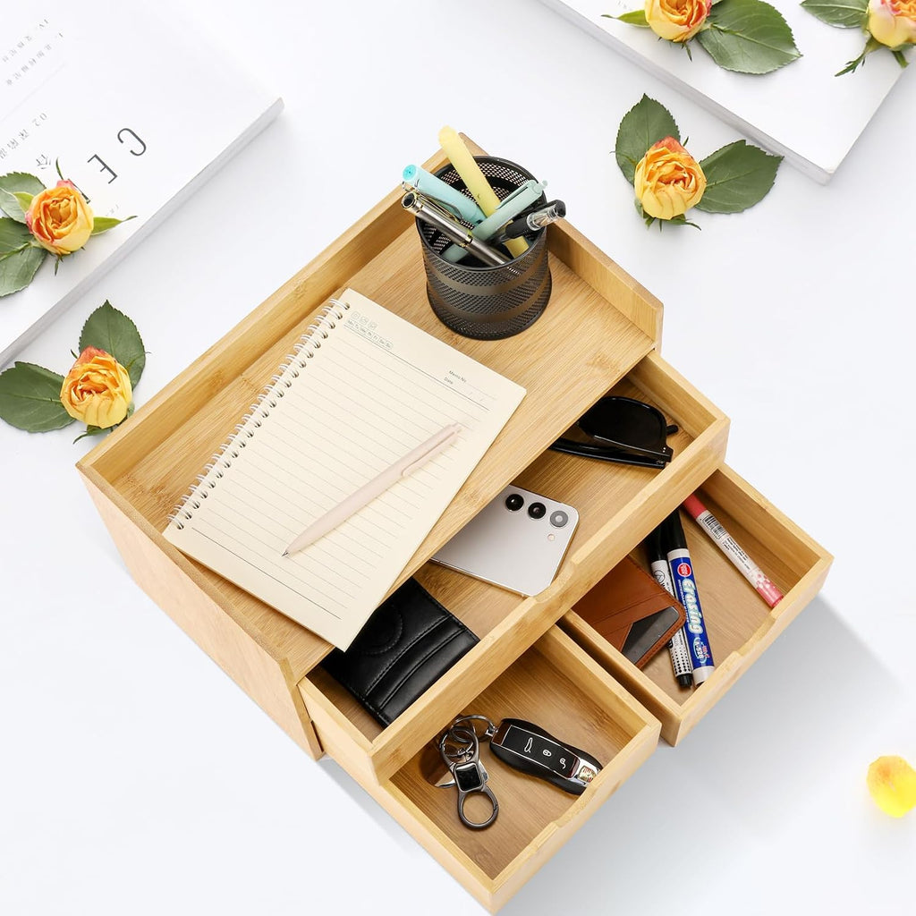 charmewooden bamboo desk organizer with drawers countertop drawers on a desk or shelf