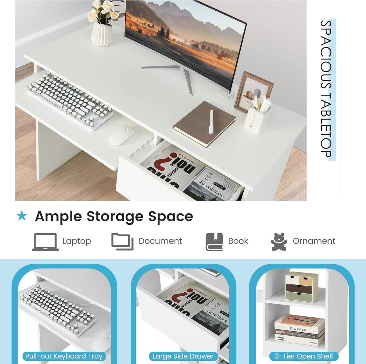 COSTWAY Computer Desk with Keyboard Tray, Large Drawer, Home Office Desk with...