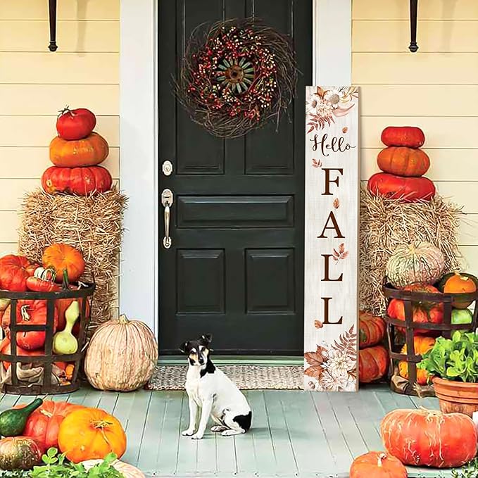 Hello Fall Porch Sign 47" Thanksgiving Day Wooden Door Sign Large Autumn - Image 2