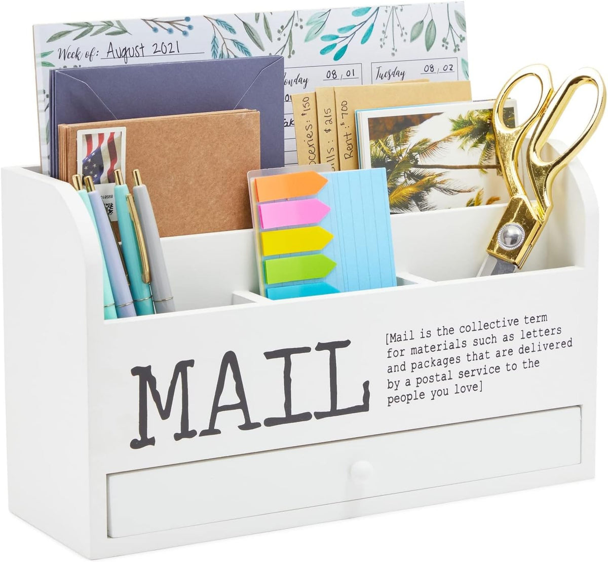 Juvale Wooden 3-Tier Countertop Mail Organizer - Desktop Organizer with Drawe...