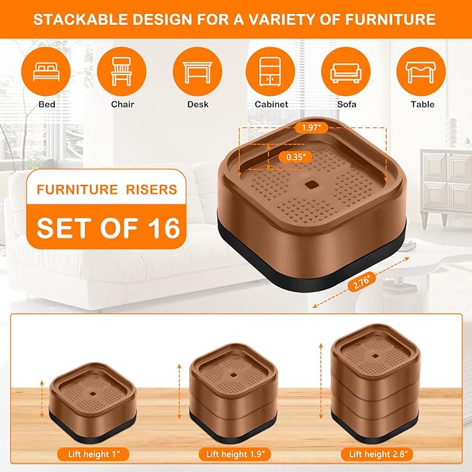 shouwuhho 16 Pack Furniture Risers Adjustable Bed Risers Heavy Duty Lifts - Image 2
