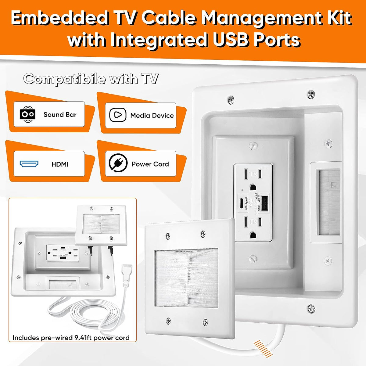 in Wall TV Cable Management Kit, Recessed Outlet Cable Hider for Wall Mount