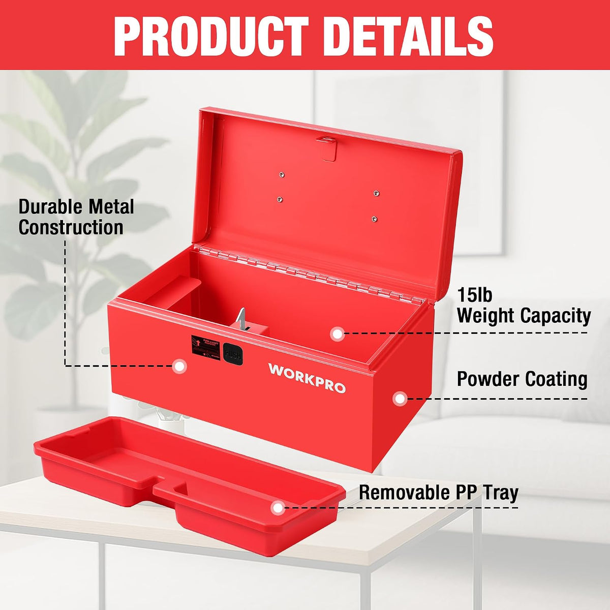 workpro 10.8" mini metal tool box with removable showing dimensions