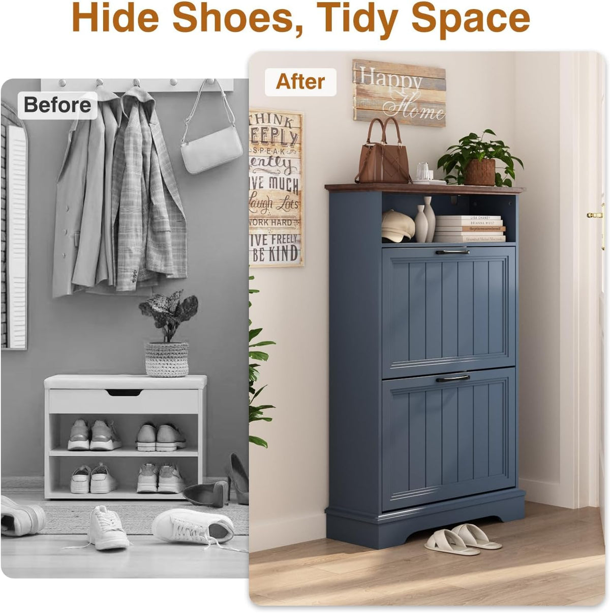 24" W Hidden Shoe Storage Cabinet with 2 Flip Drawers & Open Storage