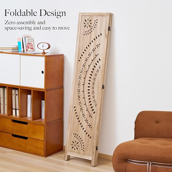66.9Inch Folding Room Divider, 3 Panels Wood Carved Privacy Screens, Free - Image 4