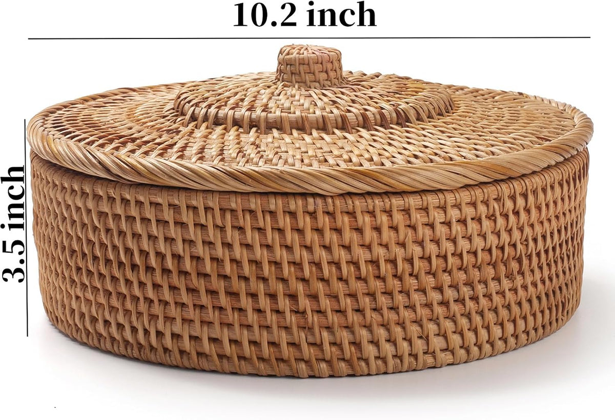 Rattan Basket With Lid, Lidded Wicker Storage Basket for Organizing, Woven Bo...