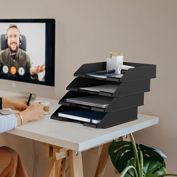 4 Pack Stackable Paper Trays for Letter Documents, Desktop File Organizers for - Image 7