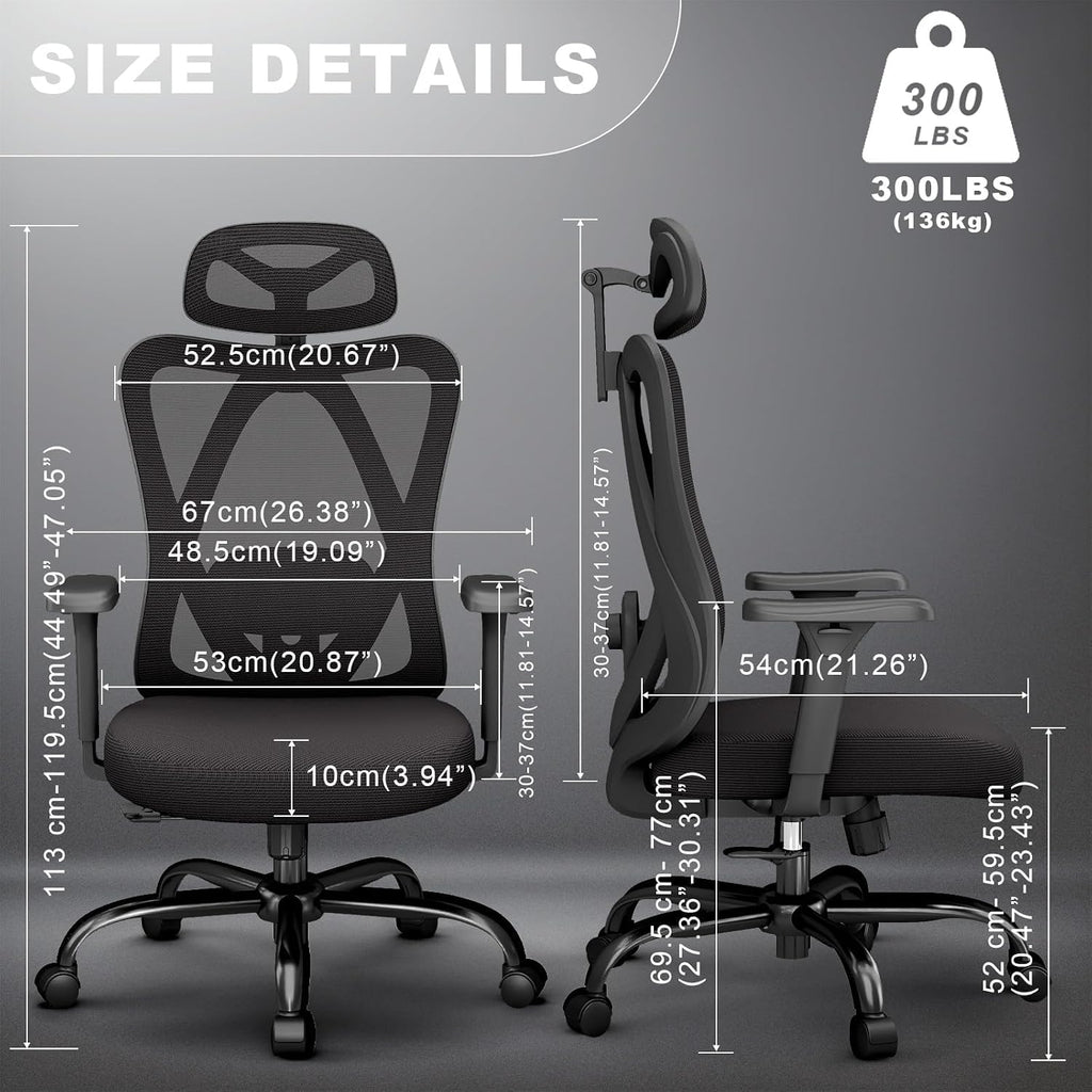 mesh office chair with headrest, lumbar support, 3d shown in use