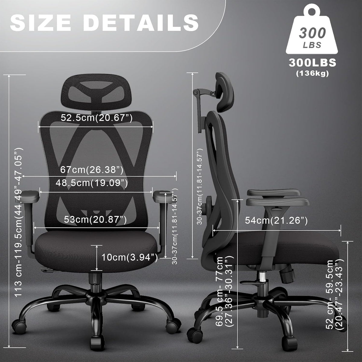 mesh office chair with headrest, lumbar support, 3d shown in use