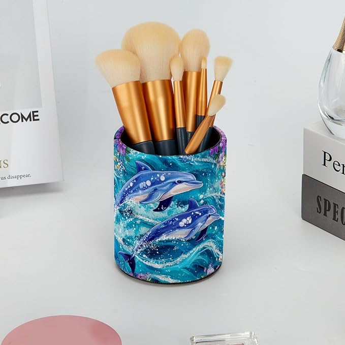 Leather Pen Holder for Desk, Dolphins Flowers Pencil Cup Desktop Organizer - Image 6