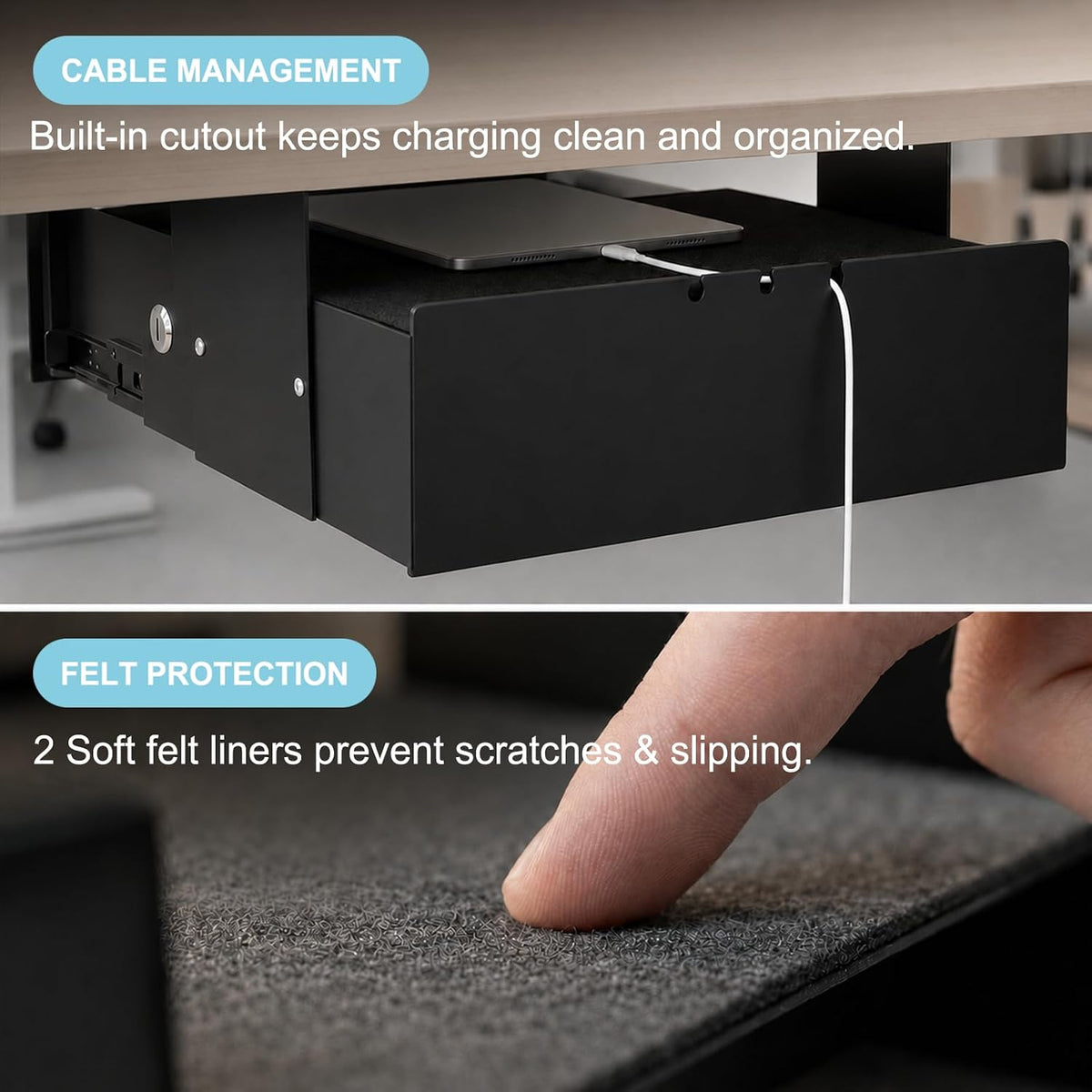 Under Desk Drawer with Lock, 13.8 Inch Slide-Out Metal Storage Drawer,Black