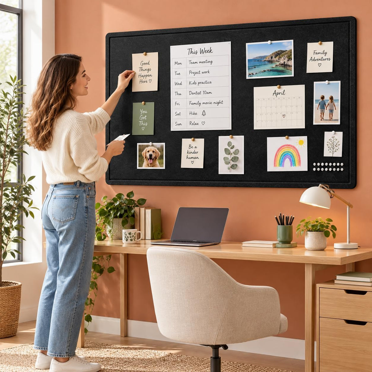 Felt Bulletin Board 59'' x 35'', Black Felt Pin Boards for Walls